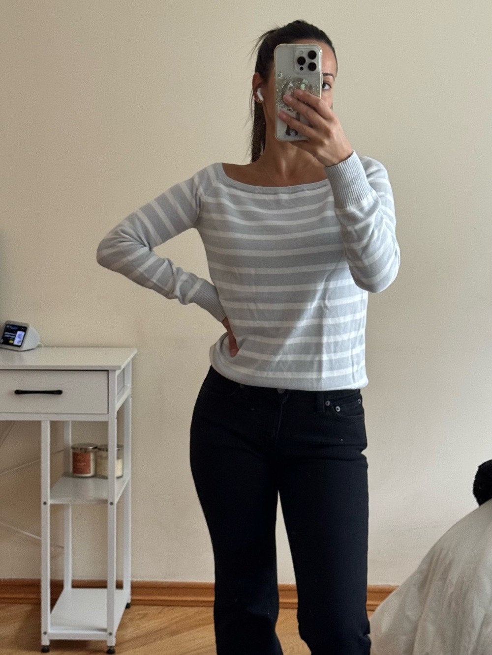 Brandy Melville Light Gray & White Striped Off-Shoulder Sweater